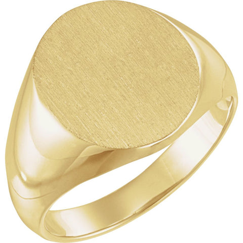 16.00X14.00 mm Men's Solid Oval Signet Ring with Brush Finished Top in 14k Yellow Gold ( Size 10 )