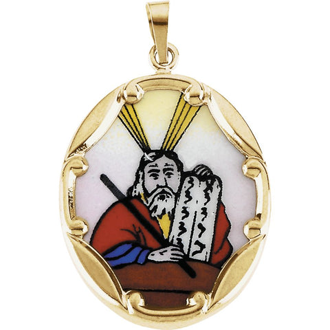 14k Yellow Gold 13x10mm Moses Hand-Painted Porcelain Medal