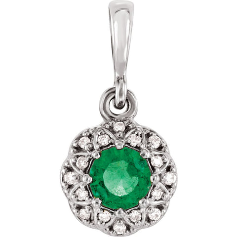 14k White Gold Emerald & .04 CTW Diamond Halo-Style Pendant
