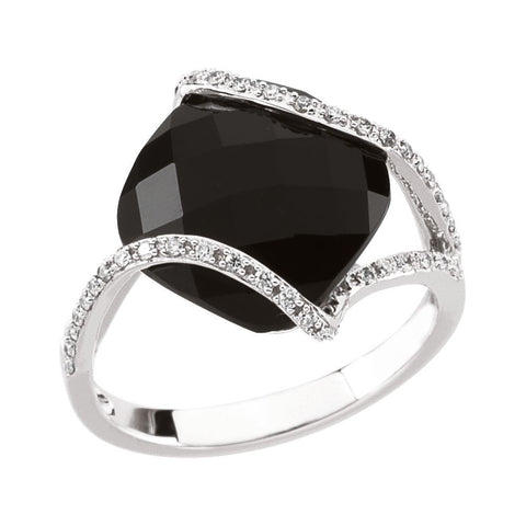 14k White Gold Onyx & 1/5 CTW Diamond Ring Size 7
