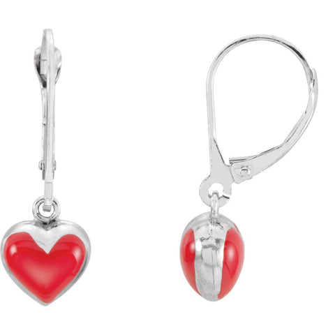 Sterling Silver Red Enamel Puff Heart Earrings