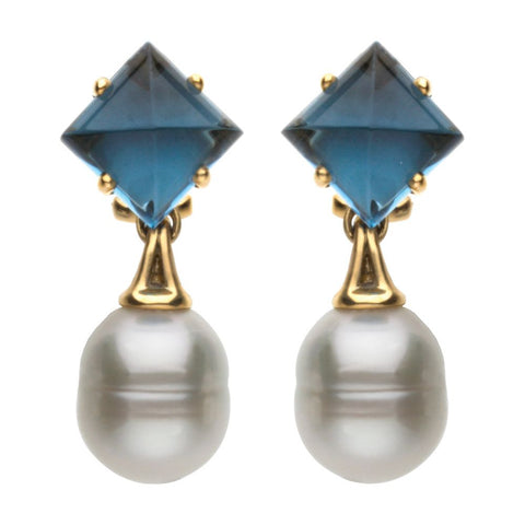 18k White Gold Aquarella® South Sea Cultured Pearl & London Blue Topaz Earrings