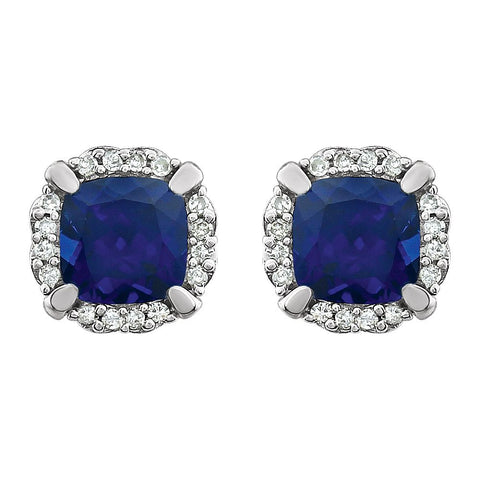 14k White Gold Created Blue Sapphire & 1/10 CTW Diamond Earrings