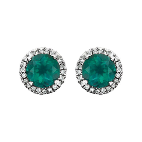 14k White Gold Created Emerald & 1/8 CTW Diamond Earrings