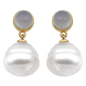 Elegant and Stylish Pair of 06.00 MM and 12.00 MM South Sea Cultured Pearl & Genuine Chalcedony Earrings in 14K Yellow Gold, 100% Satisfaction Guaranteed.