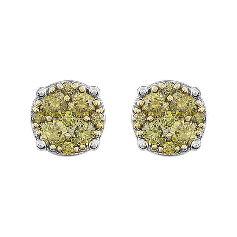 14k White Gold 3/8 CTW Yellow Diamond Cluster Earrings