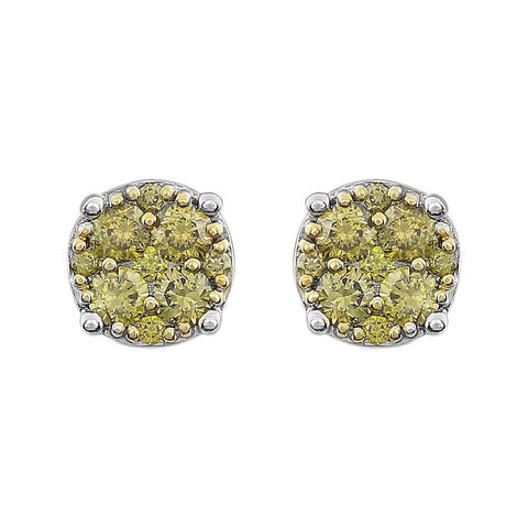 14k White Gold 3/8 CTW Yellow Diamond Cluster Earrings