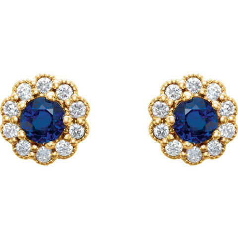 14k Yellow Gold Blue Sapphire & 1/6 CTW Diamond Earrings