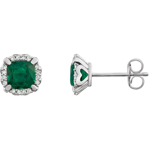 14k White Gold Created Emerald & 1/10 CTW Diamond Earrings
