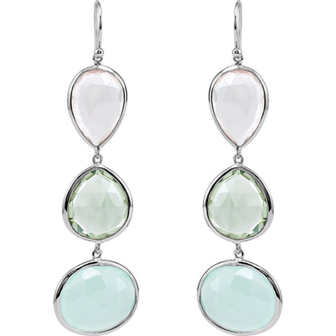 Sterling Silver Rose Quartz, Green Quartz and Aqua Blue Chalcedony Earrings