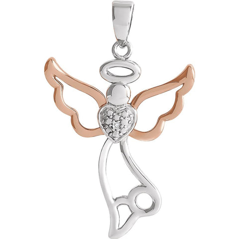 Sterling Silver 29x17.8mm Diamond Angel Pendant with Rose Gold Vermeil