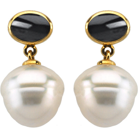 14k White Gold South Sea Cultured Pearl & Onyx Earrings