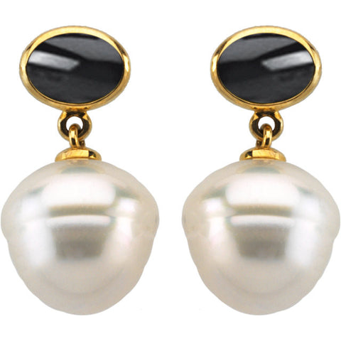 14k Yellow Gold South Sea Cultured Pearl & Onyx Earrings