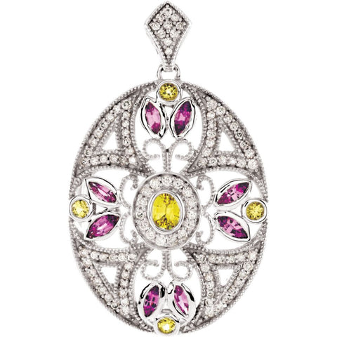14k White Gold Pink & Yellow Sapphire & 3/8 CTW Diamond Pendant