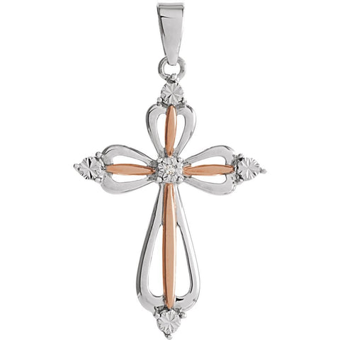 Sterling Silver 32x17mm Diamond Cross Pendant with Rose Gold Plating