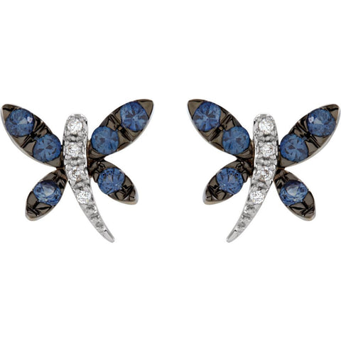 14k White Gold Blue Sapphire & Diamond Dragonfly Earrings