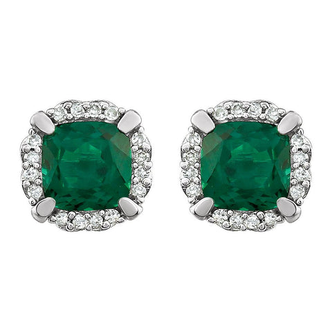 14k White Gold Created Emerald & 1/10 CTW Diamond Earrings