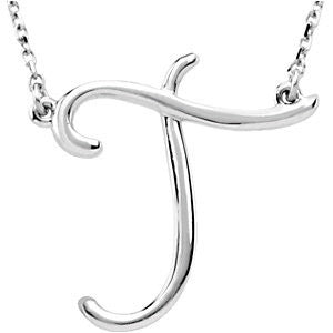 14k White Gold "T" Script Initial 16" Necklace