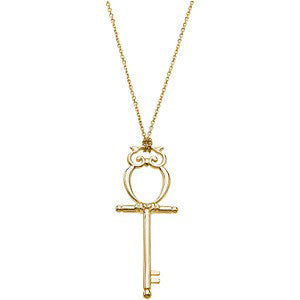14k Yellow Gold Fashion Key Pendant with an Owl