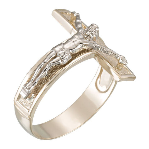 14k White/Yellow Gold Men's Crucifix Ring, Size 11