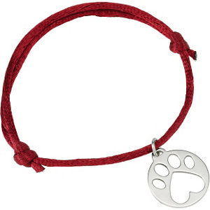 Sterling Silver Red Satin Cord Adjustable Bracelet with Paw Charm