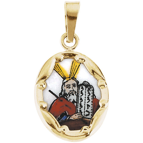14k Yellow Gold 13x10mm Moses Hand-Painted Porcelain Medal
