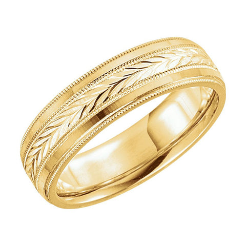 14k Yellow Gold Leaf Design Comfort-Fit Milgrain Band Size 9.5