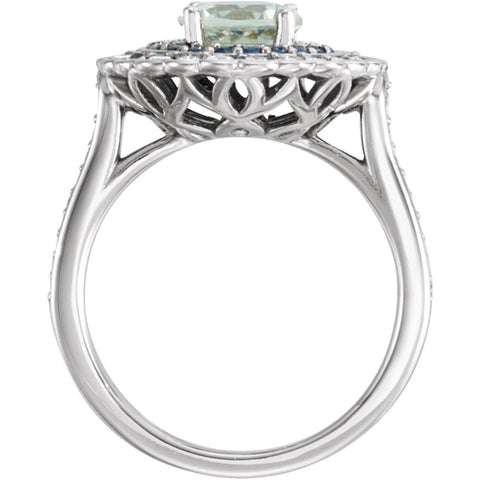 Platinum Green Quartz, Blue Sapphire & 1/2 CTW Diamond Engagement Ring, Size 7