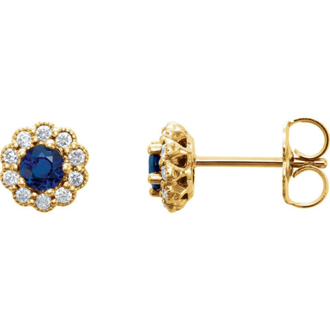 14k Yellow Gold Blue Sapphire & 1/6 CTW Diamond Earrings