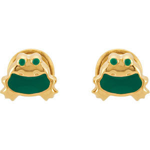 14k Yellow Gold Youth Enameled Frog Earrings
