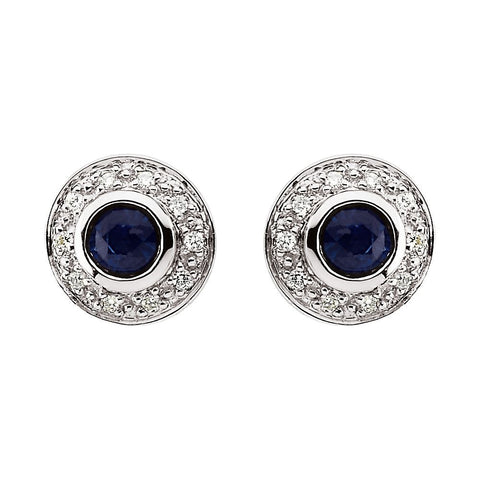 14k White Gold 3.5mm Round Sapphire & 1/10 CTW Diamond Earrings