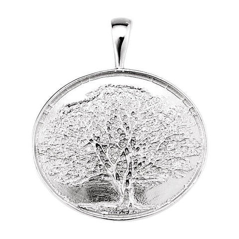 14k White Gold Heart print Oak Tree Pendant