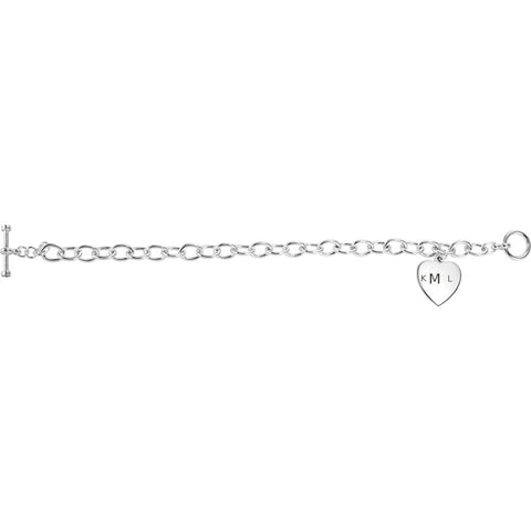 Sterling Silver Cable Toggle Bracelet 7mm with Heart Charm