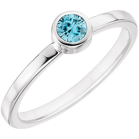 14k White Gold Blue Zircon Bezel Ring, Size 7