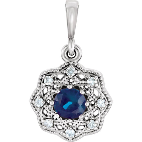 14k White Gold Blue Sapphire & .06 CTW Diamond Halo-Style Pendant