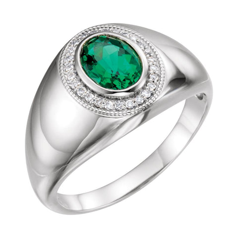 14k White Gold Men's Chatham® Created Emerald & Diamond Accented Ring, Size 11