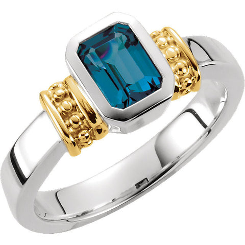 Sterling Silver & 14k Yellow Gold London Blue Topaz Granulated Design Ring, Size 6