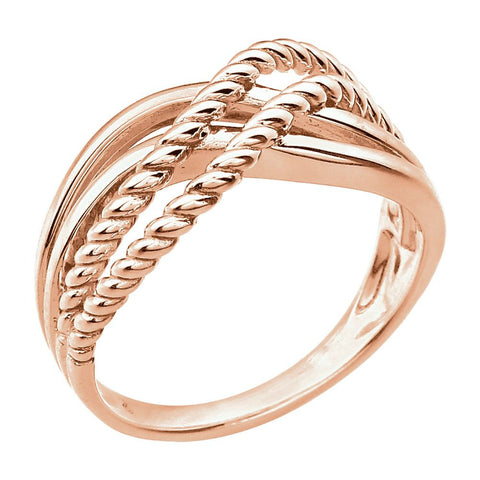 14k Rose Gold Crossover Rope Design Ring, Size 7