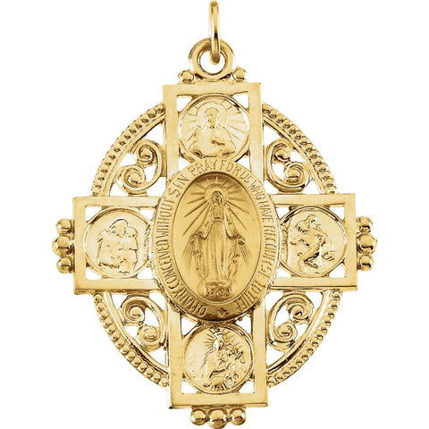 14k Yellow Gold 35x28mm Miraculous Cross Medal