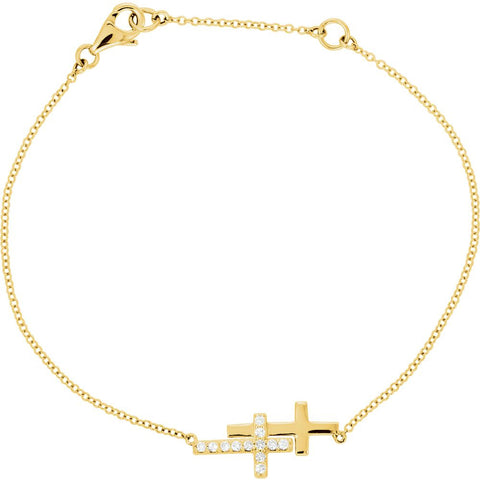 14k Yellow Gold 1/6 CTW Diamond Double Sideways Cross 8" Bracelet