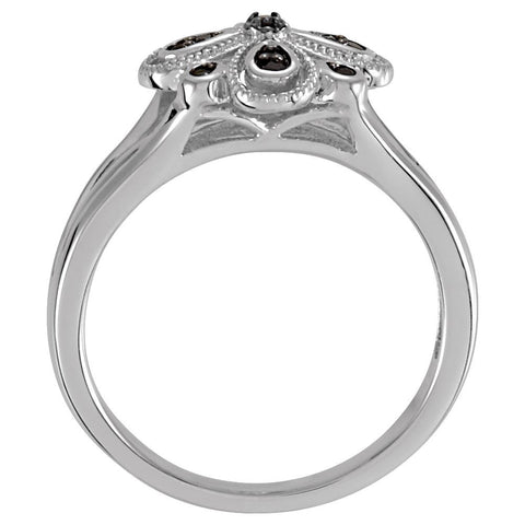 Sterling Silver Floral-Inspired Black Spinel Ring with Split Shank, Size 7