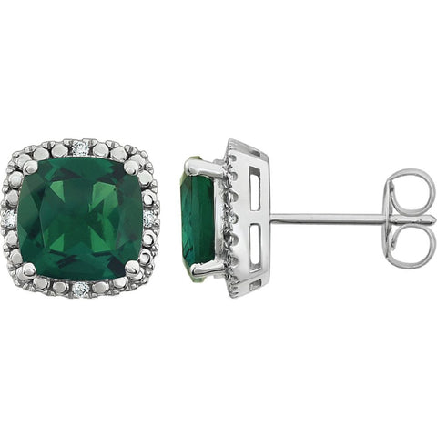 14k White Gold Created Emerald & .06 CTW Diamond Earrings