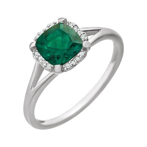 14k White Gold Created Emerald & .05 CTW Diamond Ring, Size 7