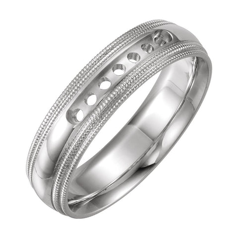 14k White Gold 5mm Half Round Comfort-Fit Double Milgrain Wedding Band Mounting, Size 9.5