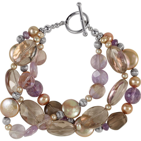 Sterling Silver Freshwater Cultured Dyed Chocolate Pearl & Multi-Gemstone Bracelet