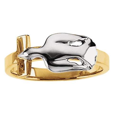 14K Yellow & White Dove with Cross Ring, Size 7
