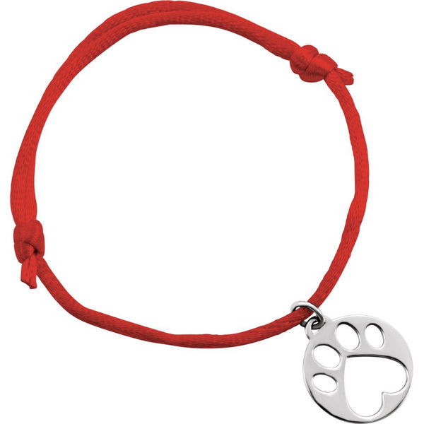 14k White Gold Red Satin Cord Adjustable Bracelet with Paw Charm