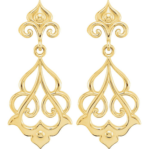 14k Yellow Gold 29x13mm Decorative Dangle Earrings