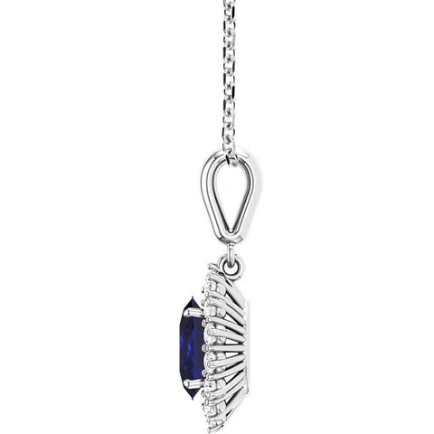 14k White Gold Chatham® Created Blue Sapphire & 1/3 CTW Diamond 18" Necklace