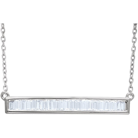 14k White Gold 1/2 CTW Diamond Baguette Bar 16-18" Necklace